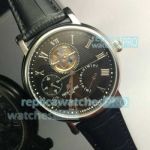 Copy Patek Philippe Geneve Black Roman Dial Black Leather Strap Watch 